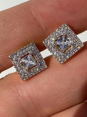 Mens Real Solid 925 Silver Iced CZ Hip Hop Earrings Studs 14k Gold Plated Square - Image 1 of 4