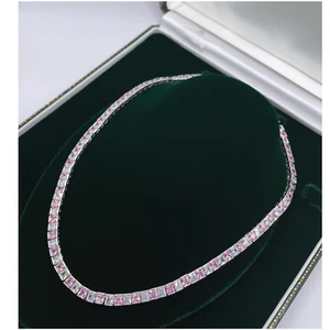 WHITE GOLD FINISH Square Cut Pink Tourmaline and Created Diamond Necklace - Picture 1 of 5