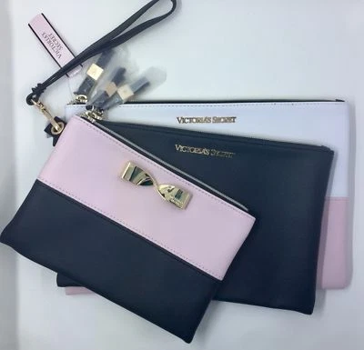 Victoria's Secret Bolso de Cosméticos Muñequera Bolso sin asas Trío Conjunto de 3 Rosa Negro Lazo Foto 1 de 4