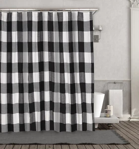 Kate Aurora Country Farmhouse Black & White Buffalo Plaid Check Shower Curtain - Picture 1 of 2