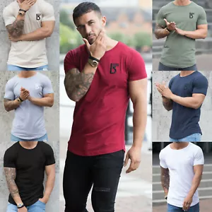 Mens Slim Fit T Shirt Muscle Fit Gym Top Designer Short Sleeve Curved Hem Tee - Picture 1 of 30
