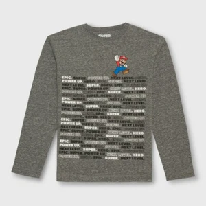 Boys' Mario Word Stack Long Sleeve Graphic T-Shirt - Heather Gray - SMALL - Picture 1 of 6
