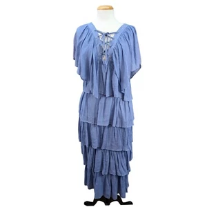 Jovanna Tiered Dress Womens Blue Ruffle Boho Neck Cocktail Elegant Fairy Size 6 - Picture 1 of 12