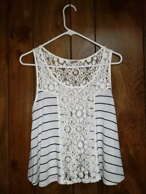 Arizona Jeans Co. White & Navy Striped Tank Top with Lace - Size M Free Shipping - Image 1 of 3