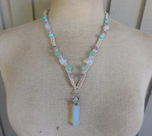Opalite Double Point Crystal Adjustable Hemp Necklace w/ Amethyst Gemstone Beads - Picture 1 of 8