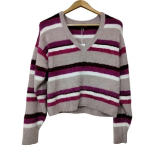 Espléndido Suéter Pullover Para Mujer a Rayas Difuso Cuello en V Talla L Púrpura Nuevo con Etiquetas - Imagen 1 de 7