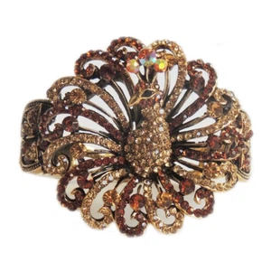 NEW VINTAGE PEACOCK GOLDEN ENAMEL TOPAZ CRYSTAL RHINESTONE BRACELET BANGLE CUFF - Picture 1 of 6