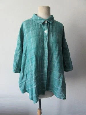 VESTIDO PARA MATAR verde azulado lino algodón rayas boxy top OS Foto 1 de 4