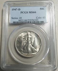 :1947-D 50C Walking Liberty Half Dollar Near Superb Spotless PCGS MS66(FSTB) R3 - Picture 1 of 4