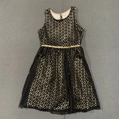Girls Party Dress Black Gold Floral Perforated Lined Size L 10/12 - Image 1 of 4