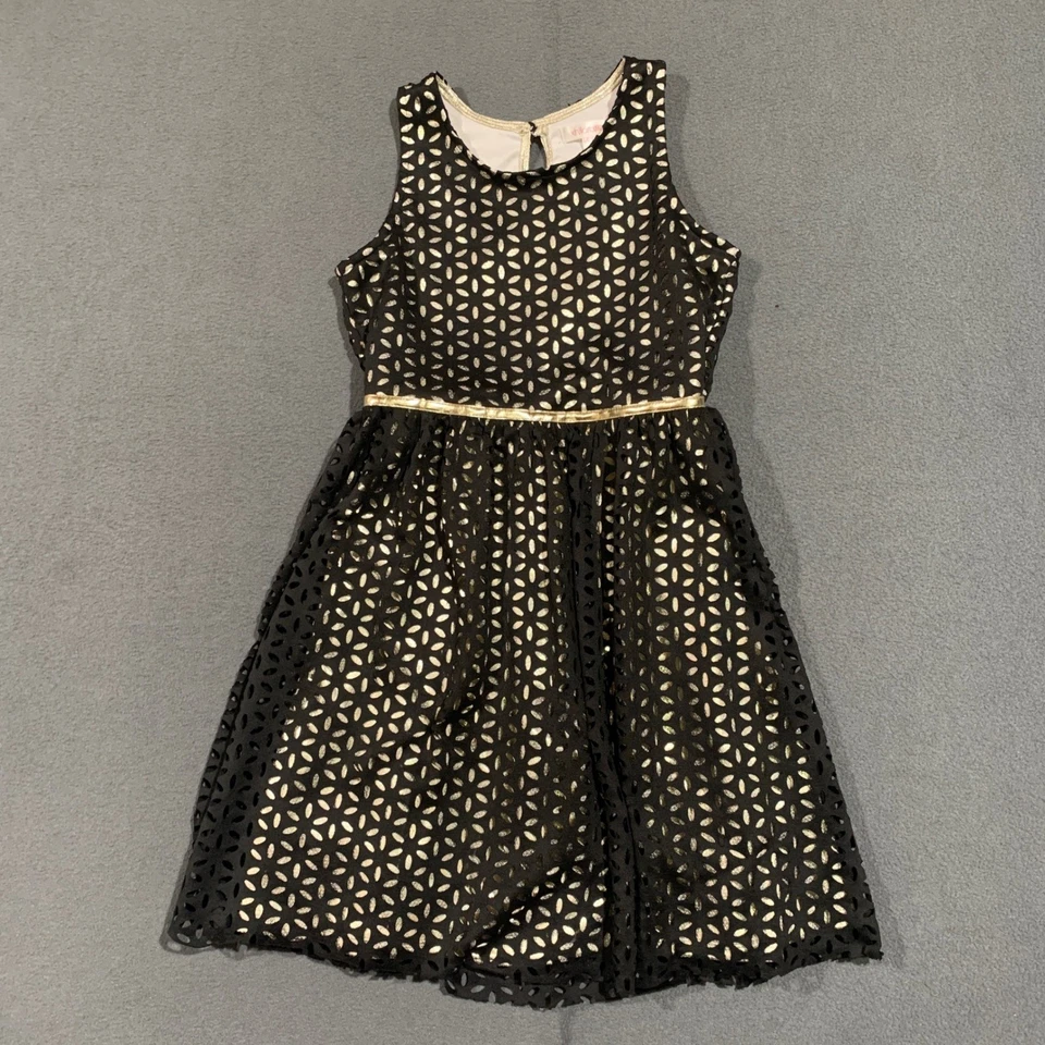 Girls Party Dress Black Gold Floral Perforated Lined Size L 10/12 - Image 1 of 4
