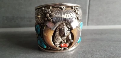 Indianer Armspange 925 Sterling Silber Bärenkralle Türkis Koralle Handarbeit USA - Bild 1 von 4