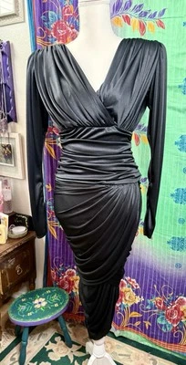 Vintage 1980s Ruched Black Evening Dress By Night Visions Size 5/6 Disco Club - Image 1 of 4