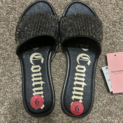 NWT JUICY COUTURE Women’s Rhinestone Slide Sandals Black Gold Size 6 - Image 1 of 4