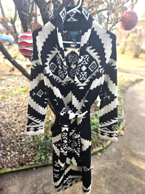 INCREÍBLE ABRIGO Y FAJA VINTAGE RALPH LAUREN LARGO DE LANA DE CORDERO TEJIDO A MANO BLANCO Y NEGRO M Foto 1 de 4