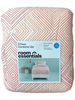 Juego de edredón Room Essentials coral y rosa a rayas geométricas doble XL, 2 piezas Foto 1 de 2