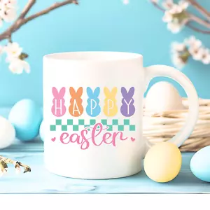 Happy Easter Mug Pastel Cute Bunny Design Spring Gift For Easter Coffee Cup - Picture 1 of 7