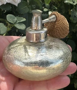 "Botella atomizadora de perfume soplada a mano de vidrio agrietado con estuche dorado vintage DeVilbiss 3""" - Imagen 1 de 9