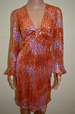 New Next Sequin Orange & Pink Long Sleeve Dress Sz  UK 10 reg & 20 tall - Image 1 of 4