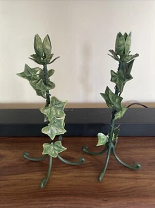 Set Of 2 Sculptured Wrought Iron 2 Candle Stick Holder With Green Leafs - Picture 1 of 4