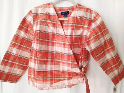 Blusa Charter Club de seda con corbata lateral manga 3/4 coral melocotón a cuadros talla 12 #14150 Foto 1 de 3