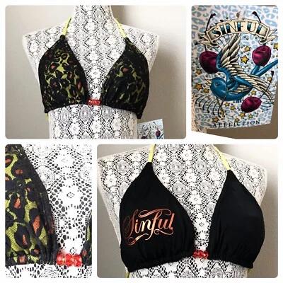 全新 Sinful Solar 比基尼上衣双面 M 蕾丝猎豹黄色黑色橙色珠子 — 第 1/4 张图片