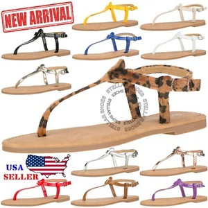 NEW Women's T Strap Thong Gladiator Strappy Jelly Shiny Flat Flip Flops Sandals - Picture 1 of 60