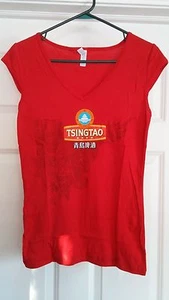 WOMANS T SHIRT TSINGTAO BEER V NECK CAP SLEEVE RED, NEW  - Picture 1 of 5