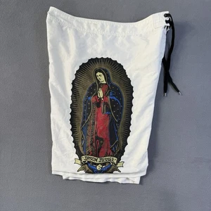 Vintage Santa Cruz Board Shorts Mens 36 White Jason Jesse Virgin Mary 90s Skater - Picture 1 of 13