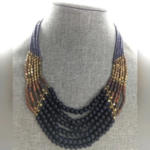 Talbots Multi Strand Glass Wooden Beaded Bohemian Style Bib Collar Necklace - Picture 1 of 4
