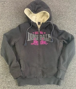 Lonsdale Women’s Hoodie Jacket Sz 12 Embroidered Womens Black Fleece Sherpa Warm - Picture 1 of 13