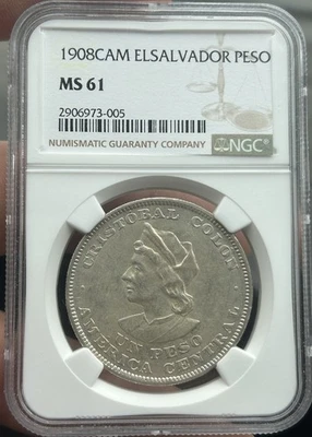 El Salvador 1 Peso 1908 MS61 Escaso Foto 1 de 2