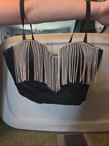 Women's Sexy Rhinestone Fringe Bustier Crop Top Corset Vest Bra ~ sz 38/85 - Picture 1 of 5