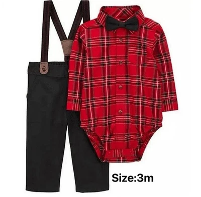 Carter's Niño Pequeño Niños Manga Larga Cuadros 3 Piezas Conjunto Vacaciones Pantalón con Tirantes, 3m Foto 1 de 4