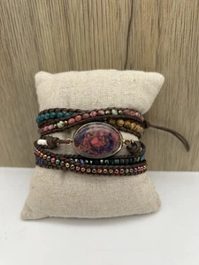 Natürlicher Rhodonit Stein Armband Edelstein Leder geflochten Wickelarmband - Bild 1 von 4