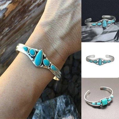 Silver Bangle Women Gift Jewelry Turquoise Bracelet Tibetan Green Cuff Boho - Image 1 of 4