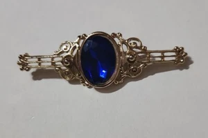 Gold tone Blue Faux Gem Cabochon Ornate Long Bar Brooch 2.5" - Picture 1 of 5