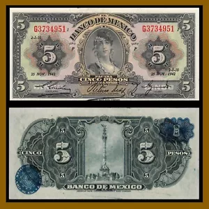 Mexico 5 Pesos, 1942 P-34d Serie P Gypsy Girl Banknote (AU) - Picture 1 of 1