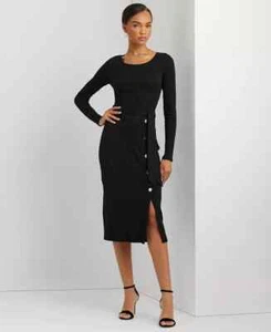 Lauren Ralph Lauren Belted Rib-Knit Dress Womens 12 Black Round Neck Long Sleeve - Picture 1 of 18