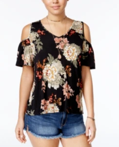 Gypsies & Moondust Juniors' Printed Cold-Shoulder Lace-Back Top SZ L - Picture 1 of 3
