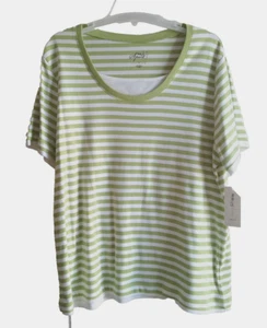 STYLE & CO Green And WHITE STRIPED SHORT SLEEVE TOP SCOOP NECK WHITE INSET - Picture 1 of 8
