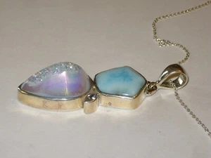 Geode Sterlingsilber Wasserfall Kaskade & Larimar Pektolith Anhänger 18" Kette - Bild 1 von 9