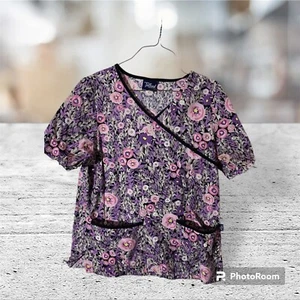 Short Sleeve Purple Floral Nursing Scrub Top Women Size M V- Neck Pink - Picture 1 of 4