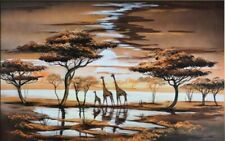 Hand Painted Giraffe African Landscape Oil Painting On Canvas Wall Art Decor