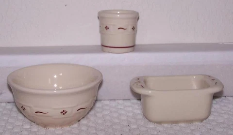 Longaberger Miniature Pottery - Loaf Pan - Crock - Mixing Bowl - All Classic Red Cover