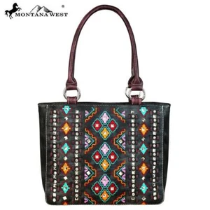 Montana West Western Womens Handbag Tote Tribal Embroidered Studded Multi Black - Picture 1 of 7