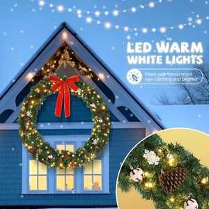 60" Pre-Lit Christmas Wreath Garland Front Door Ornaments Wall Home Decor,Green - Picture 1 of 7