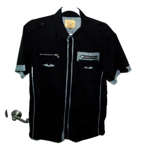 Vertical Sport Mens Shirt Button Up Short Sleeve Black Zipper "Eyes" Size L  (C) - Picture 1 of 5