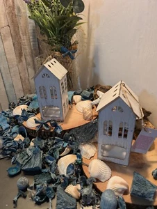 Two Shabby Chic White Tealight House Lanterns 16cm Tall - Picture 1 of 4
