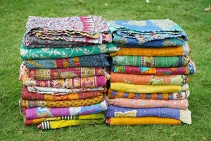 Summer lightweight cotton vintage kantha quilt upcycled old sari hippie blankets - Picture 1 of 11